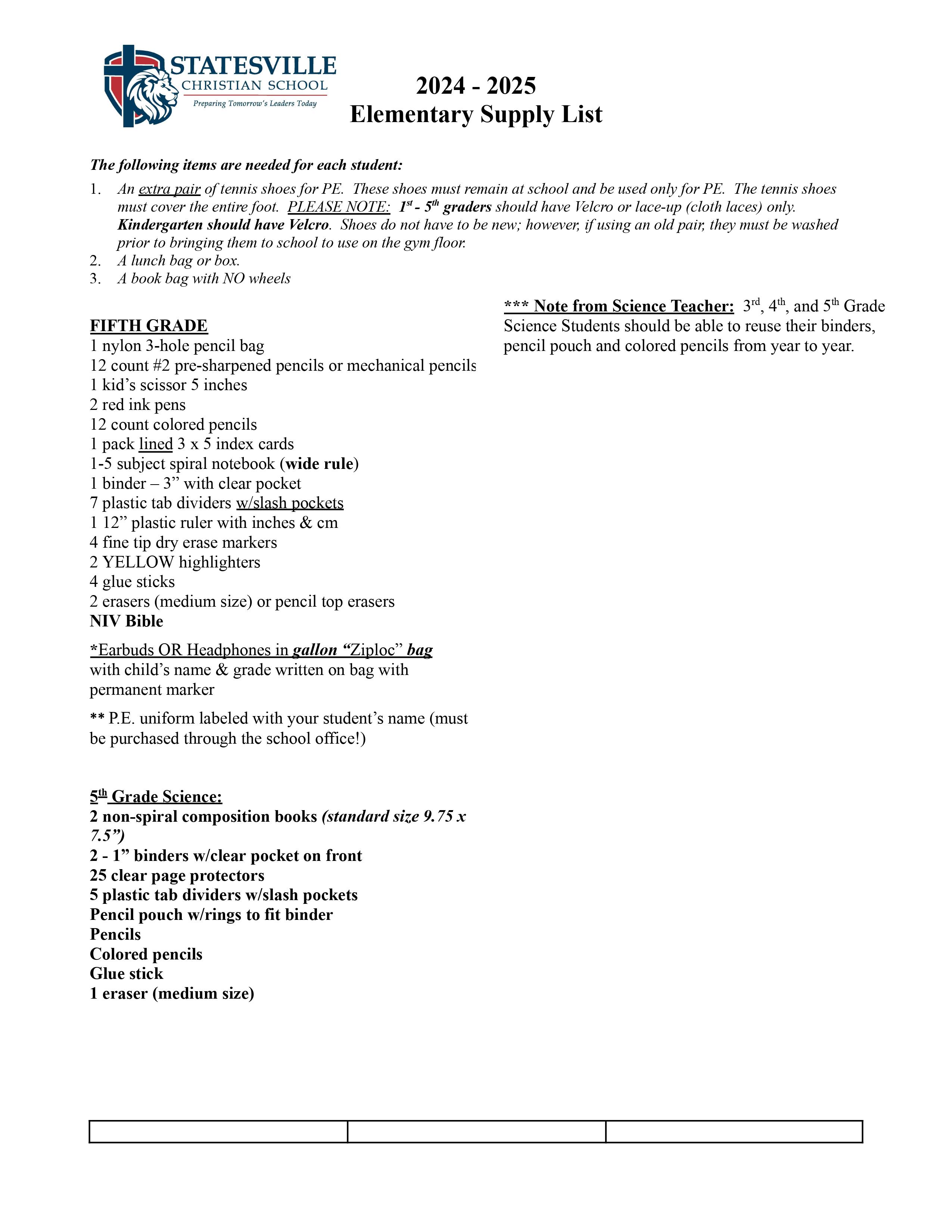 20242025 School Supply List Statesville Christian School